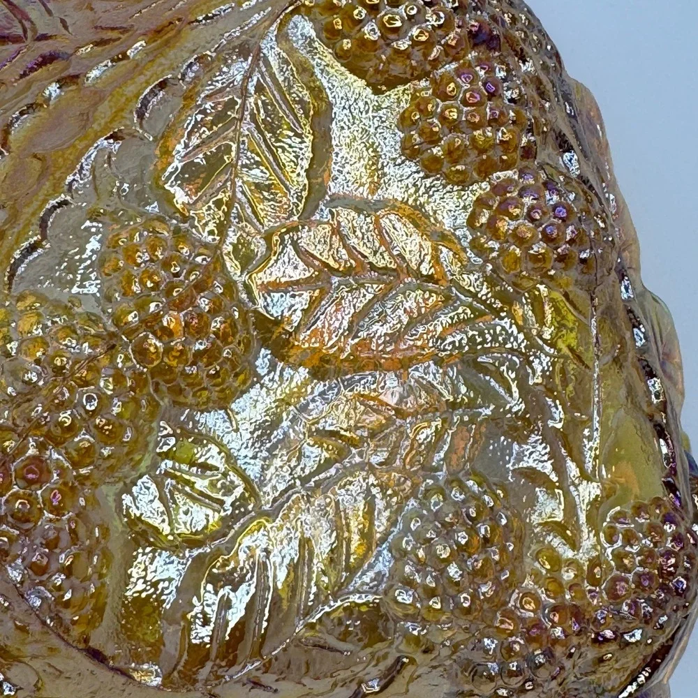 Vintage Amber Carnival Glass Triangle Leaf Berry‎ Candy Dish Bowl Shimmer Retro